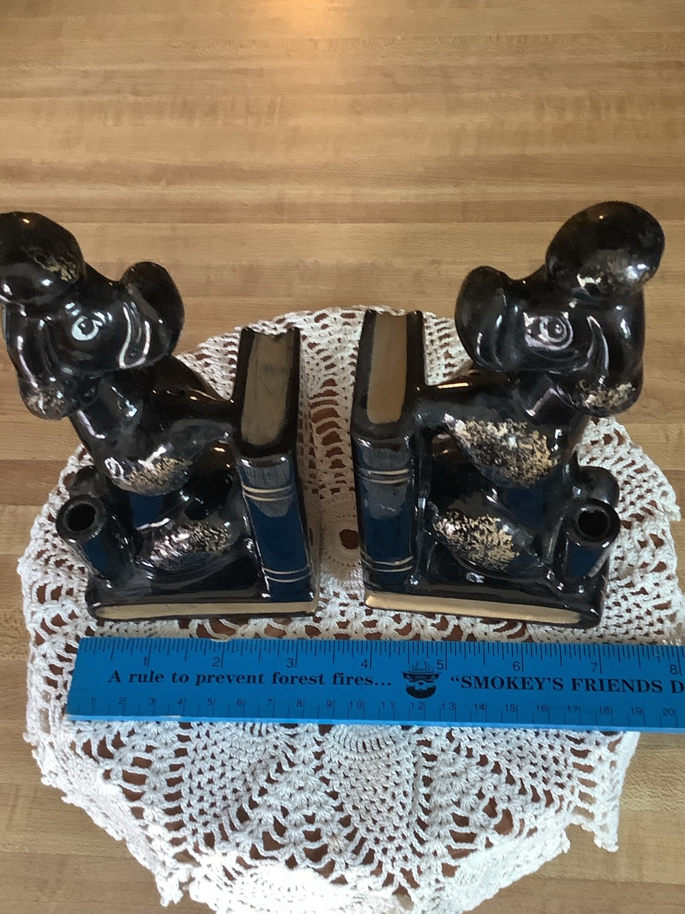 Vintage Pair of Glossy Black Ceramic Poodle Bookends